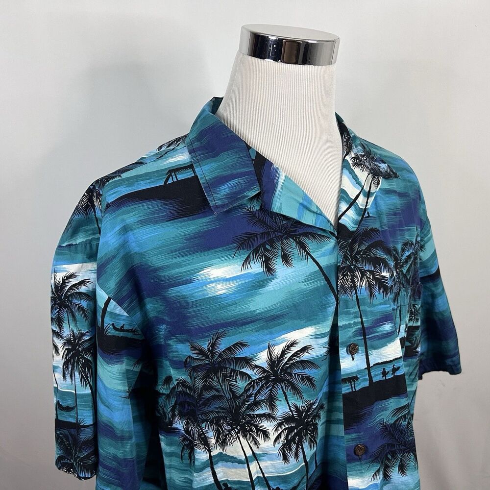 RJC 3XL USA Made Hawaiian Aloha Shirt Beach Palms Blue Green 100% Cotton